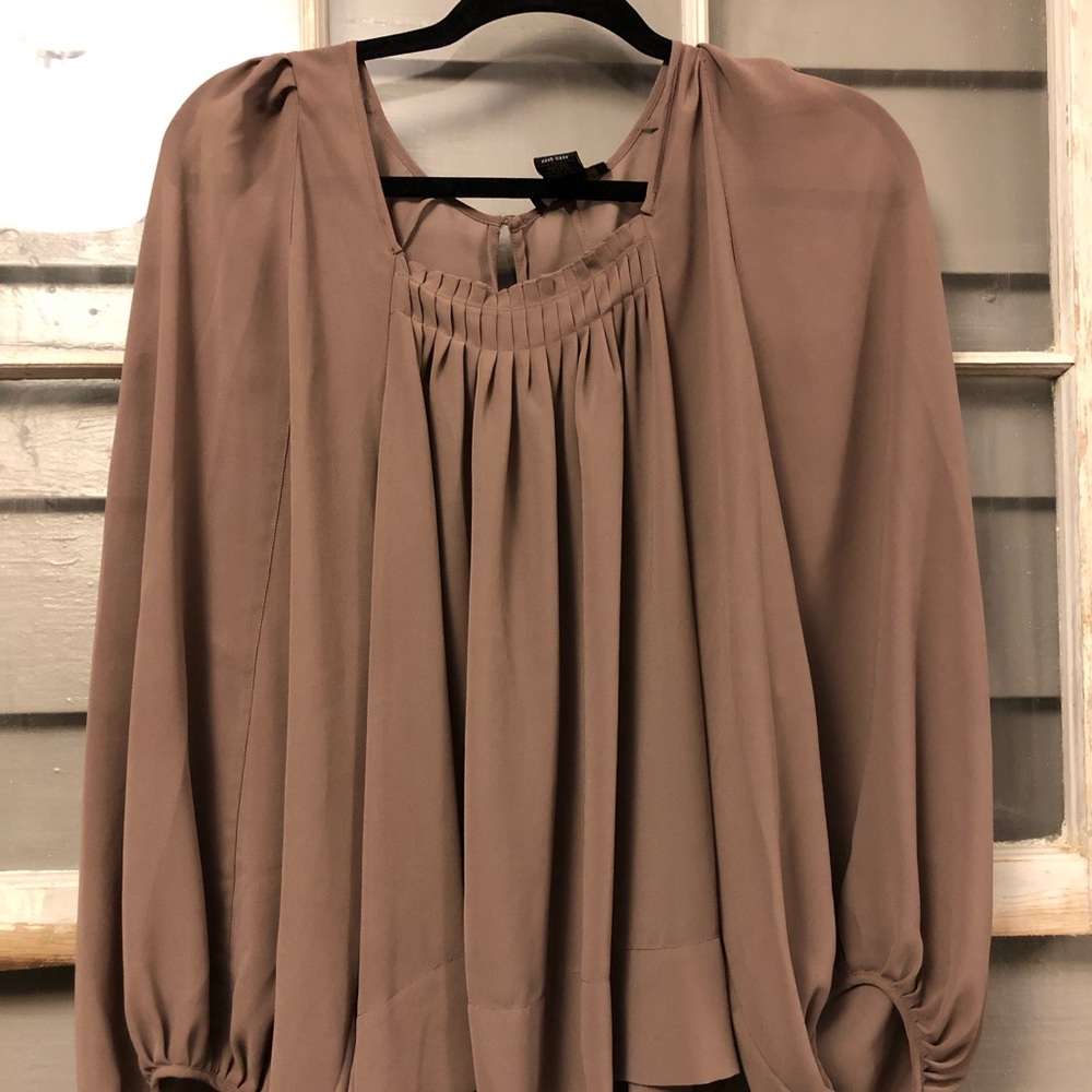 BCBG bell sleeved sheer taupe blouse